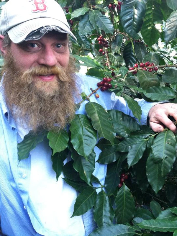 man inspecting his coffee beans